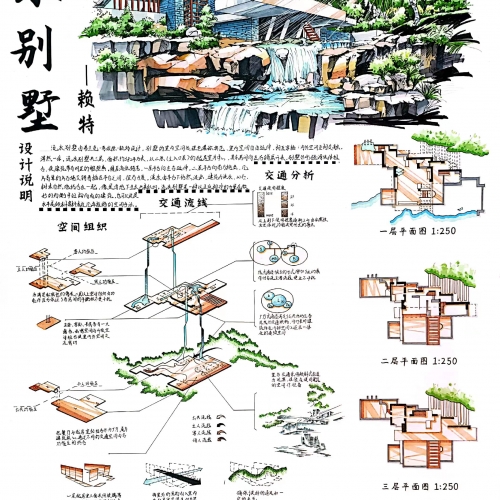 流水别墅-大师案例抄绘 – 青年大学生手绘艺术与创意设计作品大展
